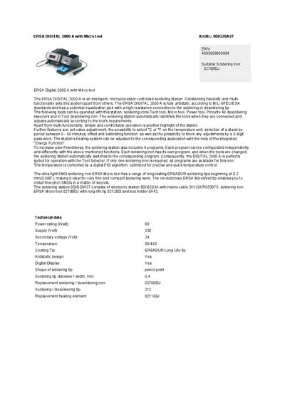 ERSA DIGITAL 2000 A Product Leaflet - cover page