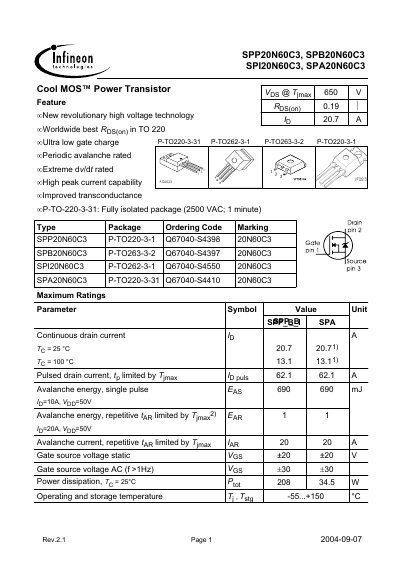 INFINEON SPP20N60C3 SPB20N60C3 SPI20N60C3 SPA20N60C3Manual Page 1 SPP20N60