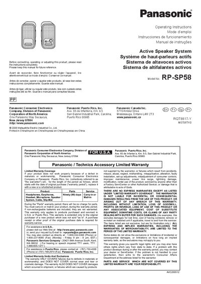 Panasonic RP-S P58 Active Speaker System Operating Instructions - cover page