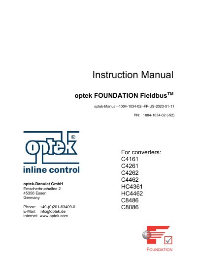 optek FOUNDATION FieldbusTM Converters C4161/C4261/C4262/C4462/HC4361/HC4462/C8486/C8086 Instruction Manual - cover page
