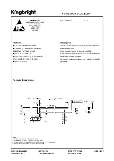 KINGBRIGHT -L-934MBDL T-1 (3mm) SOLID STATE LAMP Manual - cover page