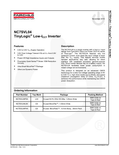 Fairchild NC7SVL04 TinyLogic Low-Icc Inverter Datasheet - cover page