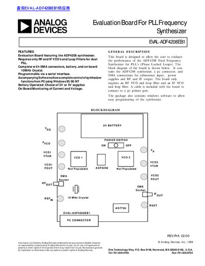 ANALOG DEVICES Evaluation Board For PLL Frequency Synthesizer EVAL-ADF4208EB1 Manual - cover page