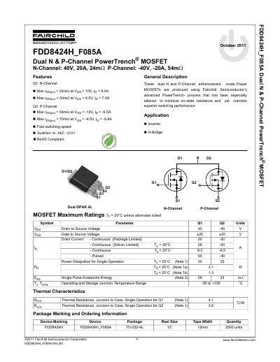 Fairchild FDD8424H_F085A Dual N & P-Channel MOSFET Datasheet - cover page