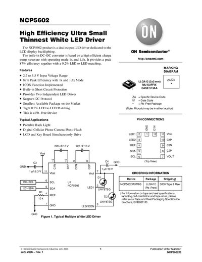 ON Semiconductor NCP5602 High Efficiency Ultra Small White LED Driver Datasheet - cover page
