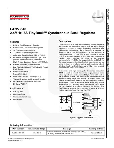 Fairchild Semiconductor FAN53540 2.4MHz Synchronous Buck Regulator Datasheet - cover page