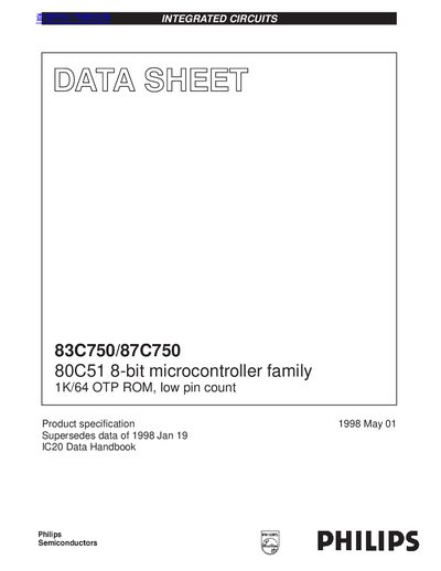PHILIPS 83C750/87C750 80C51 8-bit microcontroller family 1K/64 OTP ROM low pin count handbook - cover page