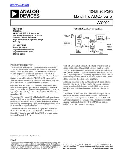 ANALOG DEVICES 12-Bit 20 MSPS Monolithic A/D Converter AD9022 handbook - cover page