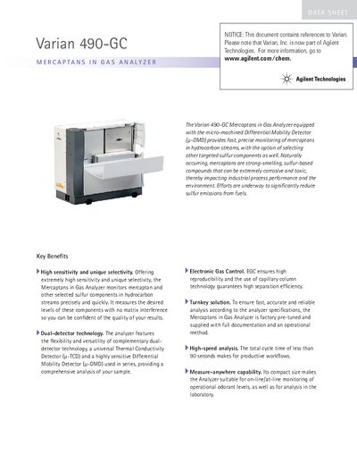 Varian 490-GC Mercaptans in Gas Analyzer Product Leaflet - cover page