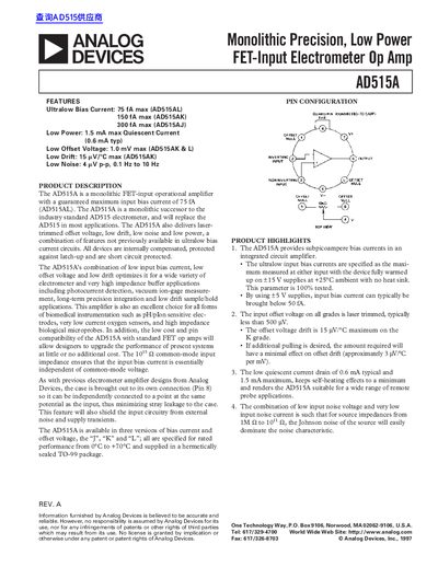 ANALOG DEVICES AD515A Monolithic Precision Low Power FET-Input Electrometer Op Amp handbook - cover page