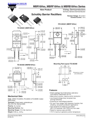 Vishay MBR16Hxx, MBRF16Hxx & MBRB16Hxx Series Schottky Barrier Rectifiers Datasheet - cover page