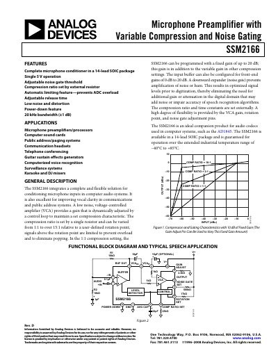Analog Devices SSM2166 Microphone Preamplifier Datasheet Rev D - cover page