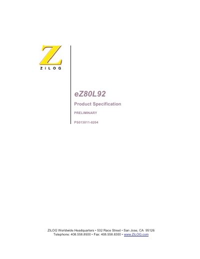 ZiLOG eZ80L92 Product Specification - cover page