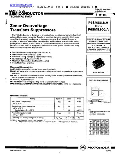 MOTOROLA Semiconductor P6SMB6.8 A thru P6SMB200 A TECHNICAL DATA - cover page