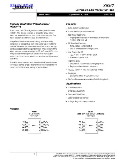 Intersil X9317 Datasheet - cover page