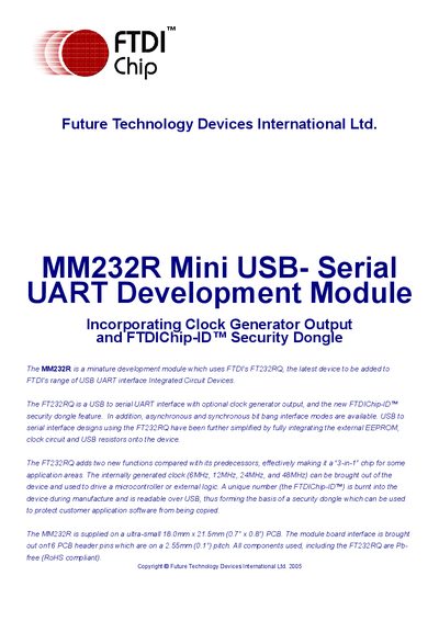 FTDI MM232R Mini USB-Serial UART Development Module Datasheet - cover page