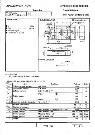 Mitsubishi CM400HA-24A Application Note - cover page