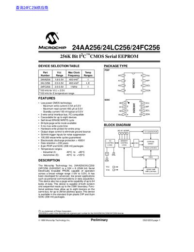Microchip 24AA256/24LC256/24FC256 256K Bit Serial EEPROM Datasheet - cover page