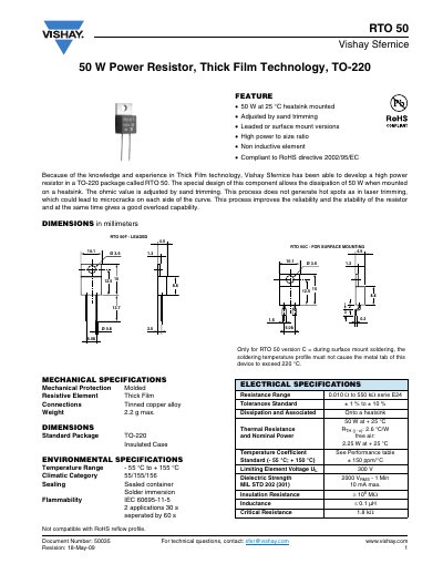 Vishay RTO 50 Power Resistor Datasheet