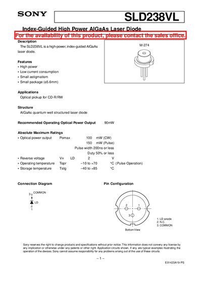 Sony SLD238VL Index-Guided High Power AlGaAs Laser Diode Datasheet - cover page