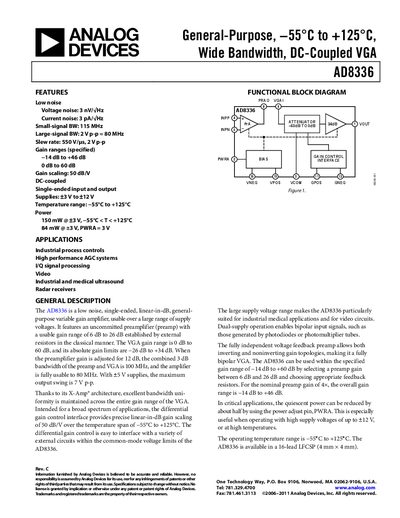 Analog Devices AD8336 Variable Gain Amplifier Datasheet