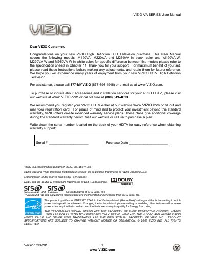 VIZIO VA Series High Definition LCD Television User Manual - cover page