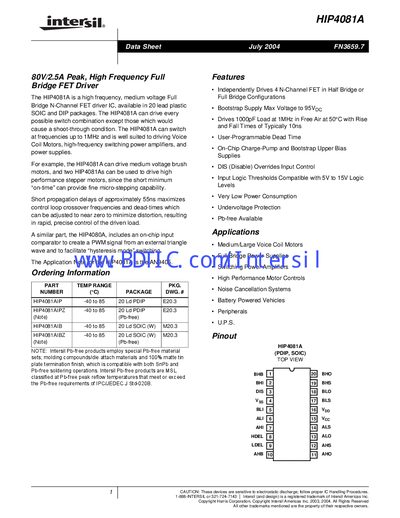 Intersil HIP4081A Full Bridge FET Driver Datasheet - cover page