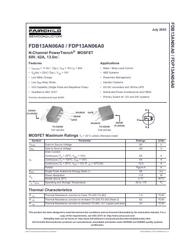 Fairchild Semiconductor FDB13AN06A0/FDP13AN06A0 N-Channel PowerTrench MOSFET Datasheet - cover page