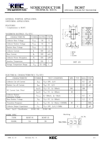 KEC BC807 Epitaxial Planar PNP Transistor Datasheet - cover page