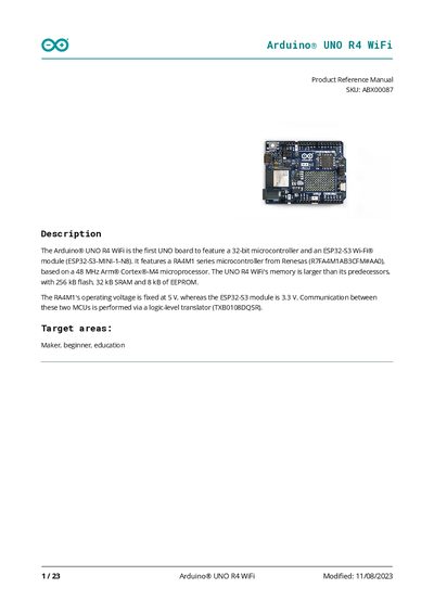Arduino UNO R4 WiFi Product Reference Manual - cover page