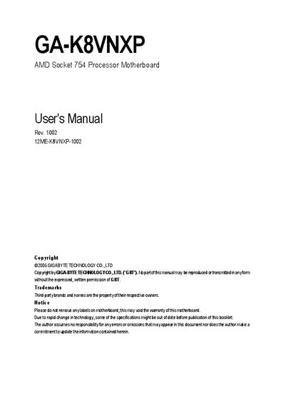 Gigabyte GA-K8VNXP AMD Socket 754 Motherboard User Manual - cover page