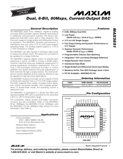 Maxim MAX5851 Dual 8‑Bit 80Msps Current‑Output DAC Datasheet - cover page