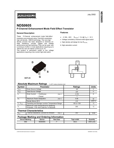 Fairchild Semiconductor NDS0605 P-Channel Enhancement Mode FET Datasheet - cover page