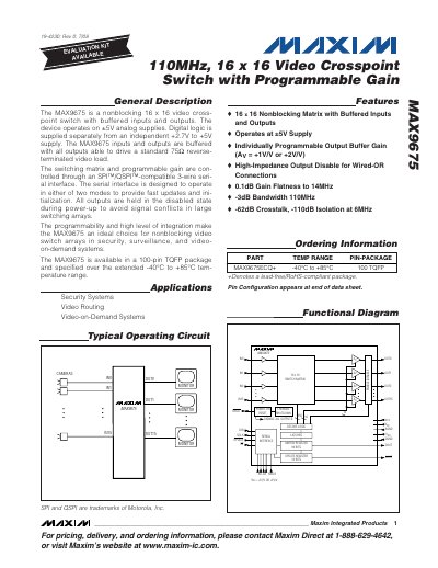 Maxim MAX9675 16x16 Video Crosspoint Switch Datasheet - cover page