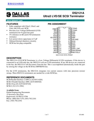 Dallas Semiconductor DS2121A Ultra3 LVD/SE SCSI Terminator Datasheet - cover page