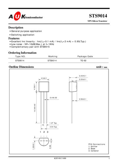 A 2 Semiconductor STS9014 NPN Silicon Transistor Datasheet - cover page