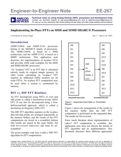 Analog Devices Implementing In-Place FFTs on SISD SIMD SHARC Processors Application Note - cover page