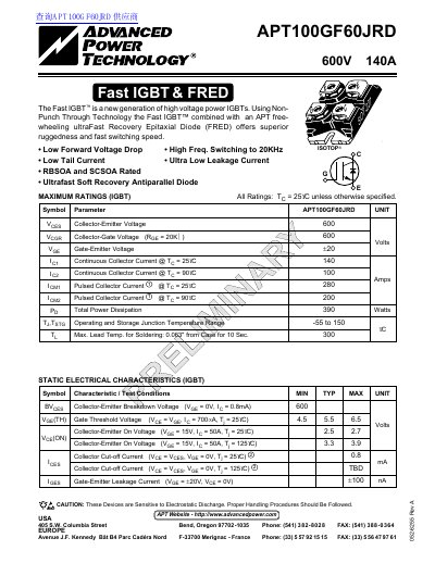 Advanced Power Technology APT100GF60JRD IGBT Datasheet - cover page