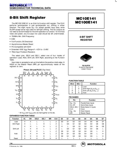 Motorola MC10E141/MC100E141 8-Bit Shift Register Datasheet - cover page