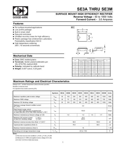 GOOD-ARK SE3A‑SE3M Surface Mount High Efficiency Rectifier Datasheet - cover page
