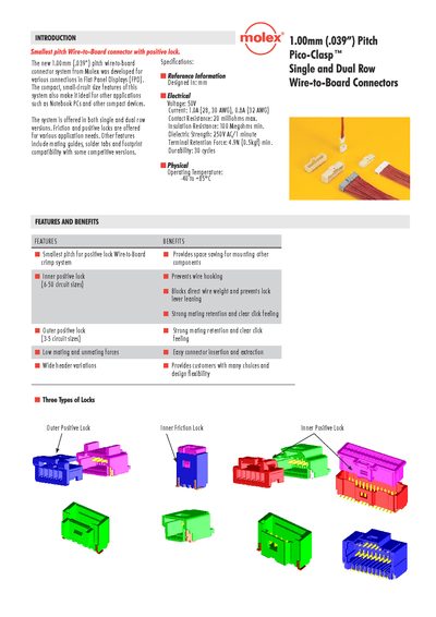 Molex 1.00mm Pitch Pico-Clasp Wire-to-Board Connectors Product Leaflet - cover page