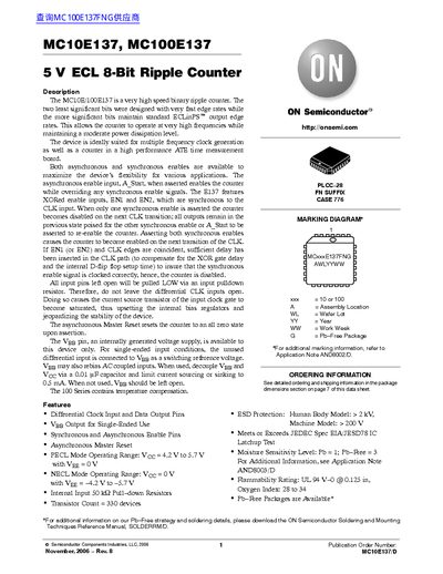 ON Semiconductor MC10E137/MC100E137 8-Bit Ripple Counter Datasheet - cover page