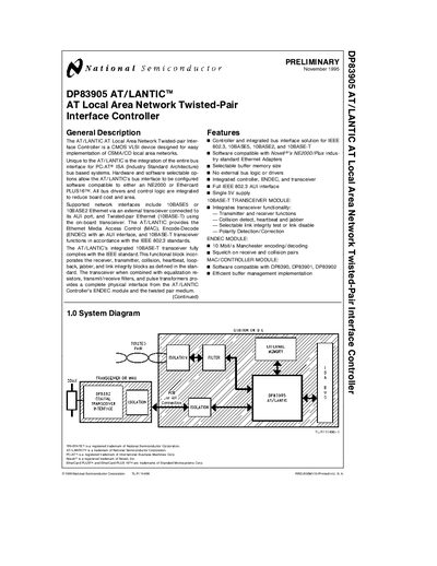 National Semiconductor DP83905 AT/LANTIC AT Local Area Network Twisted-Pair Interface Controller Datasheet - cover page