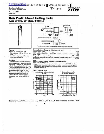 TRW OP169SL/OP169SLD/OP169SLC GaAs Plastic Infrared Emitting Diodes Datasheet - cover page