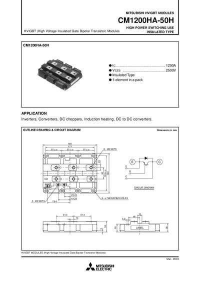 Mitsubishi Electric CM1200HA-50H HVIGBT Module Datasheet - cover page