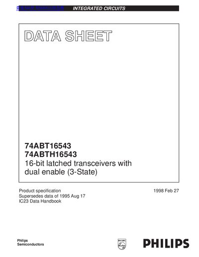 PHILIPS 74ABT16543 74ABTH16543 16-bit latched transceivers with dual enable (3-State) handbook - cover page