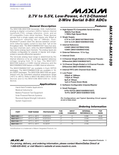 MAXIM MAX1036 MAX1039 2.7V to 5.5V Low-Power 4-/12-Channel 2-Wire Serial 8-Bit ADCs handbook - cover page