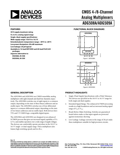 Analog Devices ADG508A/ADG509A Analog Multiplexer Datasheet