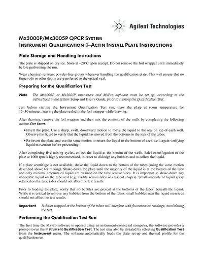 Agilent Mx3000P/Mx3005P QPCR System Instrument Qualification Beta-Actin Install Plate Instructions