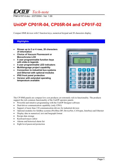 UniOP CP01R-04/CP05R-04/CP01F-02 Compact HMI Technical Data - cover page